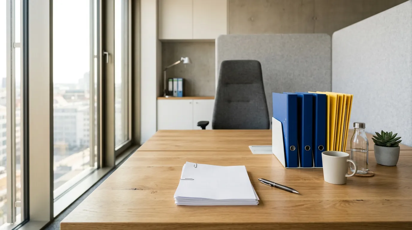 Modern minimalist office environment with documents and pen on desk, organized file folders with European flag colors, professional workspace for administrative procedures, warm natural lighting