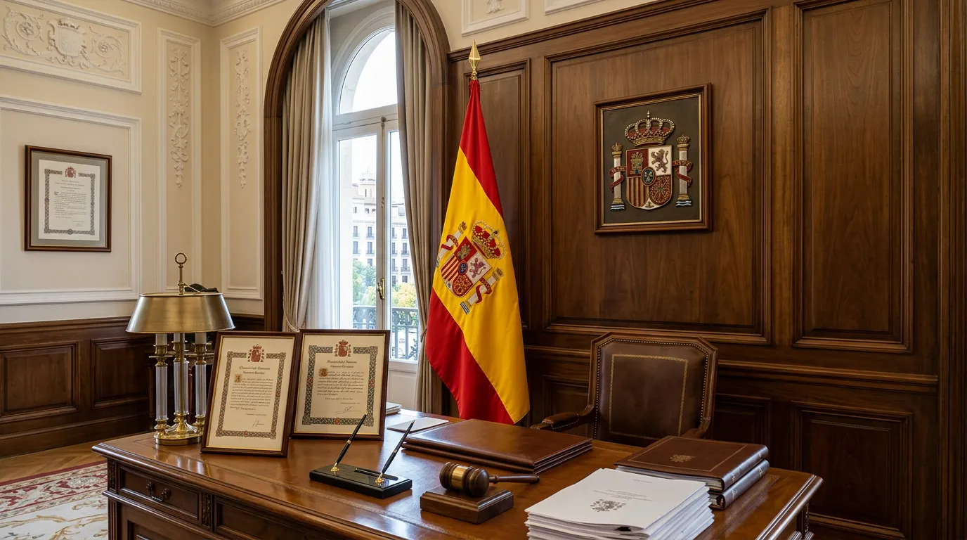 Spanish flag or national emblems in official government office setting, certificates and official documentation displayed, formal administrative environment