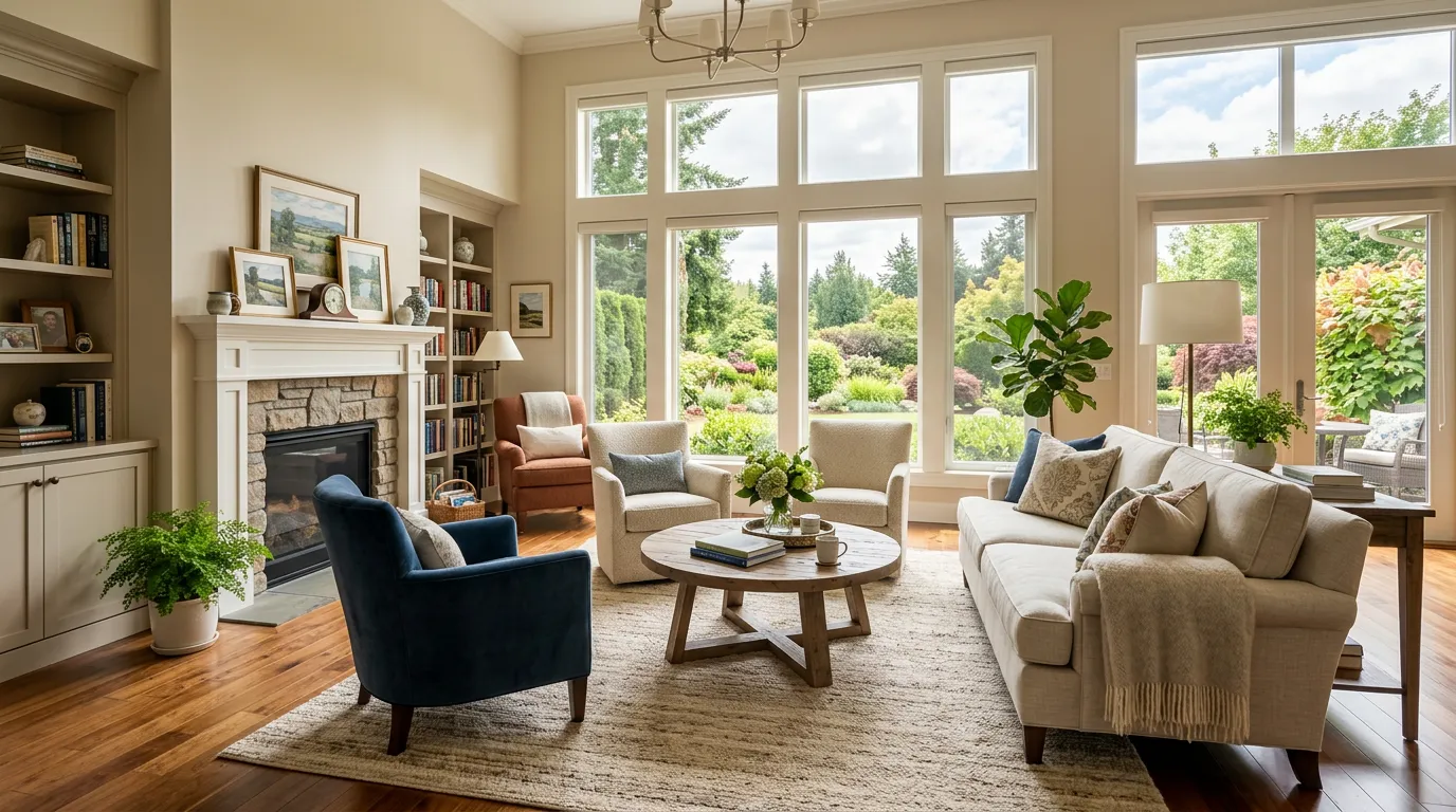Retirement living scene with elegant home interior, comfortable seating area, peaceful residential space suggesting long-term residence, light-filled rooms