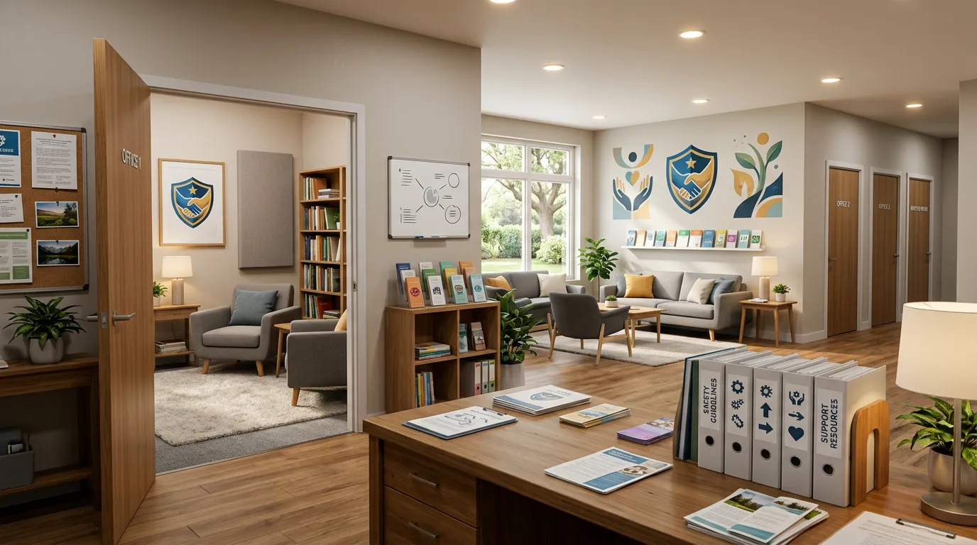 Support center environment with protective documents, safety resources, counseling office setup with supportive materials, safe community space imagery, symbolic shield or protection icon