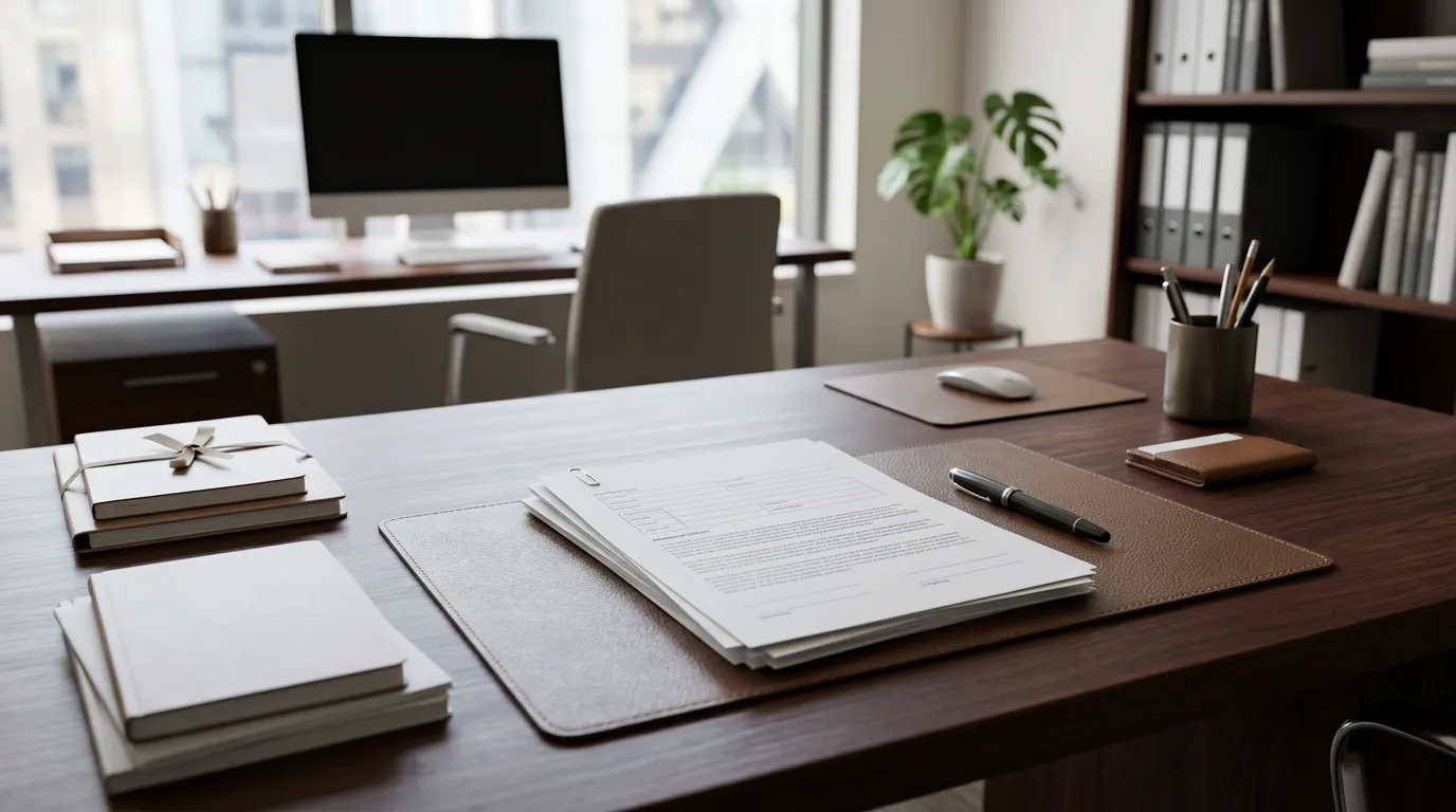 Professional workspace with employment contract documents, business desk with formal paperwork and pen, organized administrative materials, career-focused environment