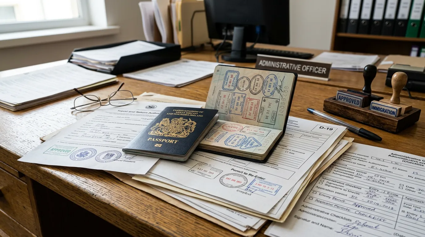 Travel and return authorization documents on desk, passport with official stamps, travel permits and administrative paperwork, customs or immigration office setting