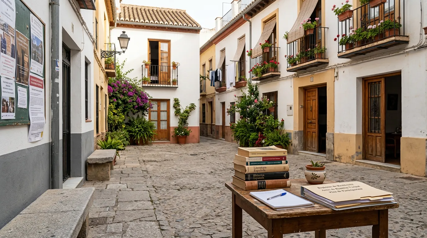 Community integration imagery: books and educational materials, local Spanish neighborhood scene, documents suggesting residence records and community participation, welcoming residential environment