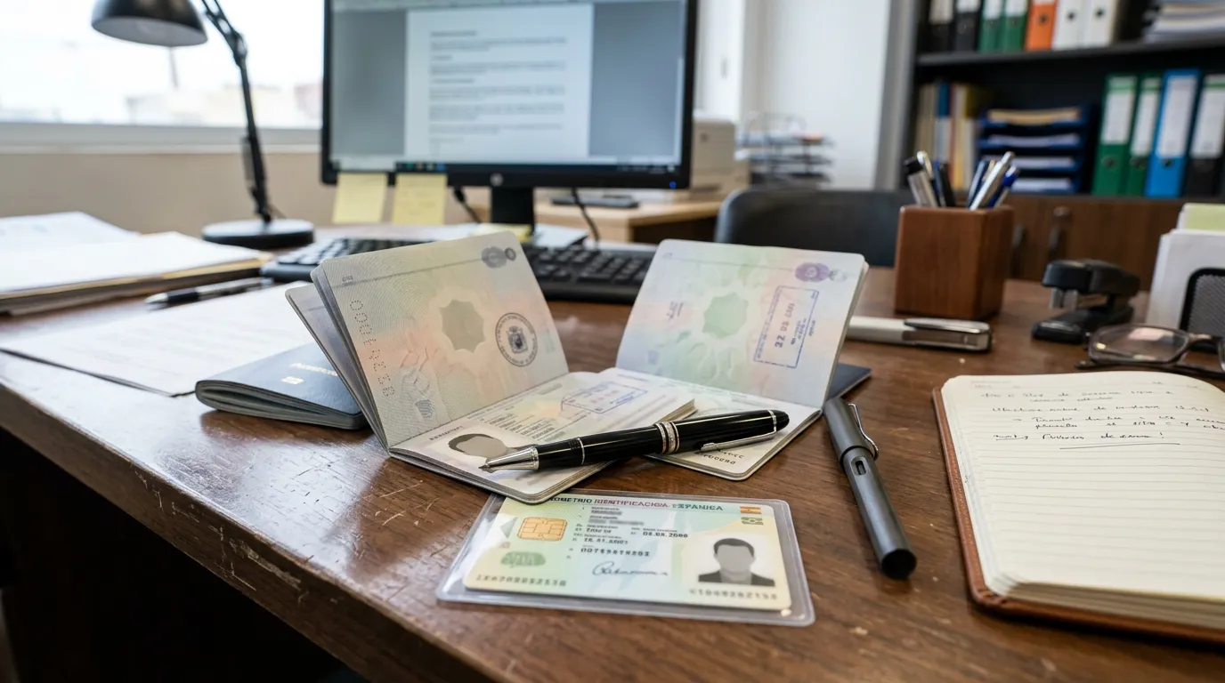 Close-up of identification documents on official desk, NIE card or passport illustration in professional setting with writing materials, government office environment