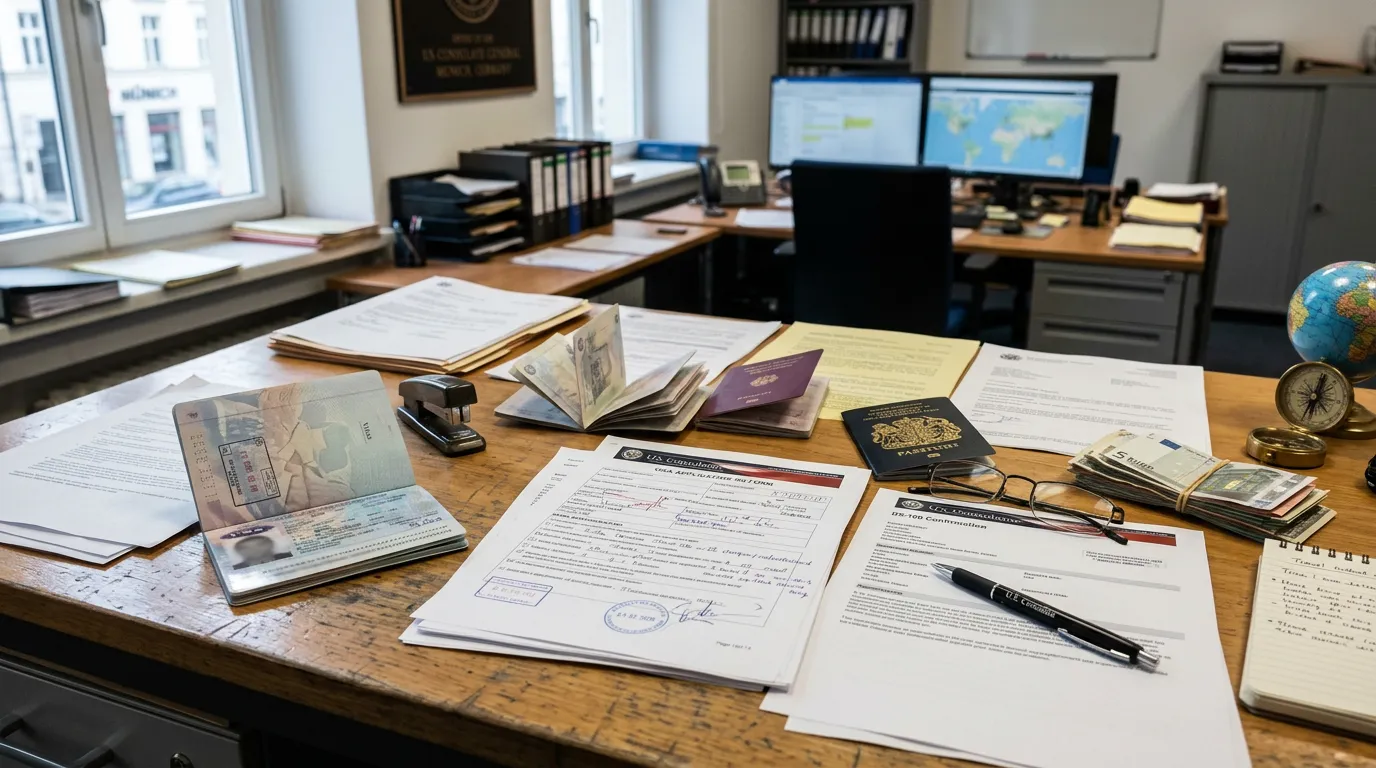 Passport and visa documentation spread on desk with travel-related items, consulate office environment, official governmental documentation, international travel imagery